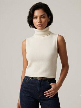 Vintage Y2K White Stag Sleeveless Turtleneck Top white Knit Shell Size S/M